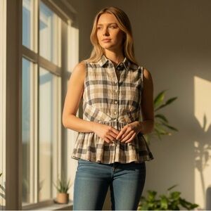 11.1. Thylo Plaid Peplum Gauzy Womens Top Small Chic Coastal Western Cowgirl